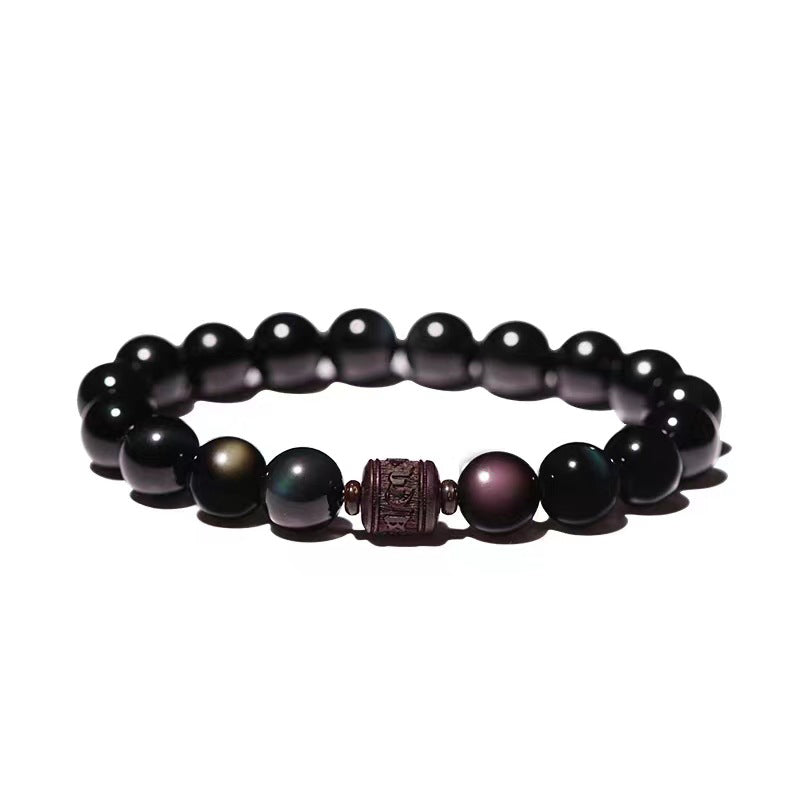 Fortune Jewel Natural Gold Sheen Obsidian Rainbow Obsidian Om Mani Padme Hum Fu Character Healing Bracelet