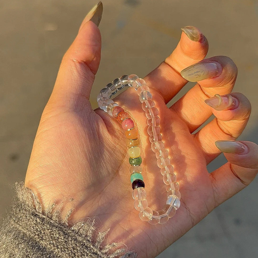 Tibetan Angled-Cut White Crystal Bracelet with Multicolor Crystals – Top-Grade Clear Quartz, Stress-Relieving & Meditation-Friendly