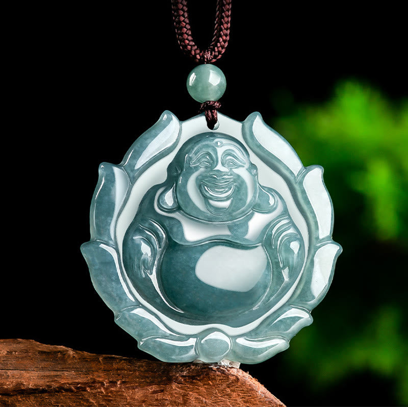 Fortune Jewel Natural Jade Laughing Buddha Lotus Pattern Luck Necklace Pendant Fortune Jewel