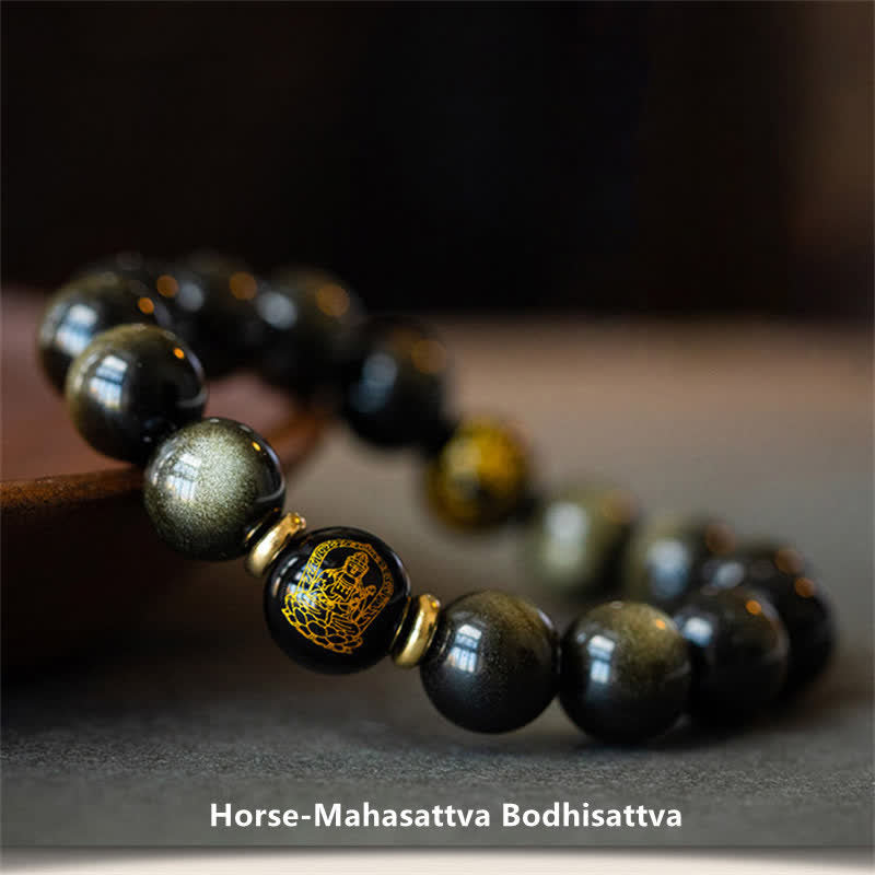 Fortune Jewel Chinese Zodiac Natal Buddha Gold Sheen Obsidian Wealth Protection Bracelet