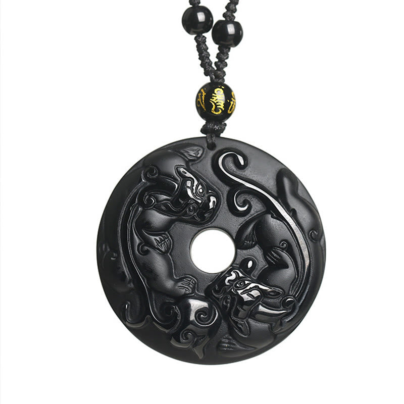 Fortune Jewel Natural Black Obsidian Peace Buckle Pixiu Bead Rope Strength Necklace Pendant