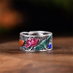 Fortune Jewel Copper Blue Enamel Lotus Heart Sutra Koi Fish Luck Ring Fortune Jewel