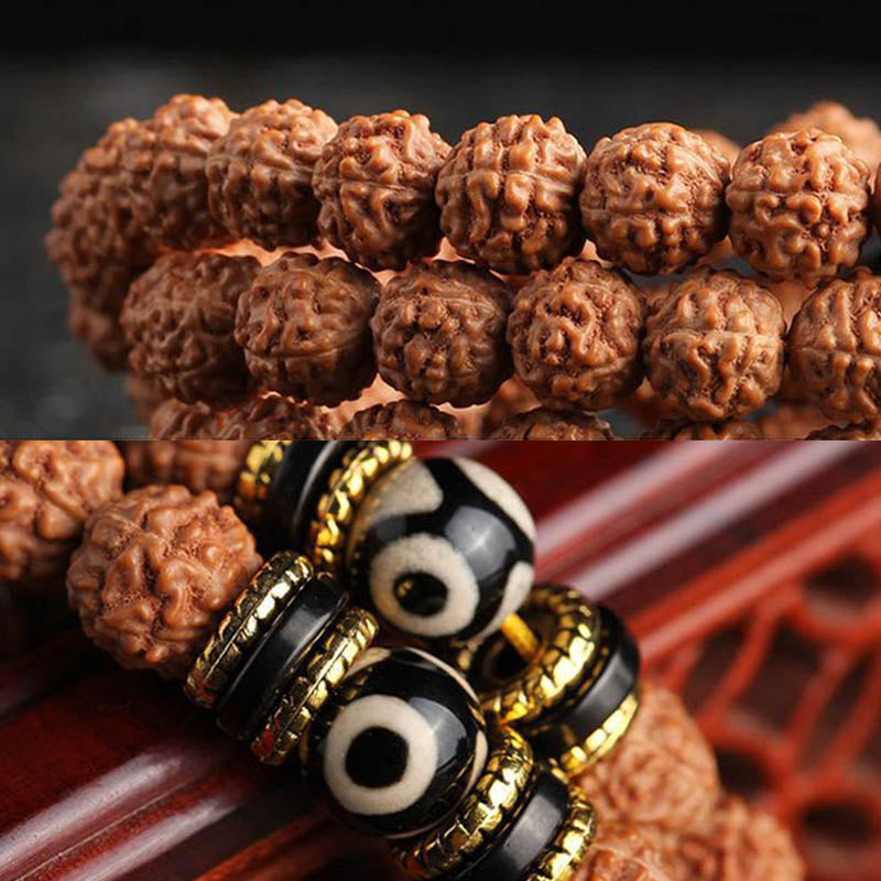 Fortune Jewel 108 Mala Beads Rudraksha Bodhi Seed Dzi Bead Luck Wealth Bracelet