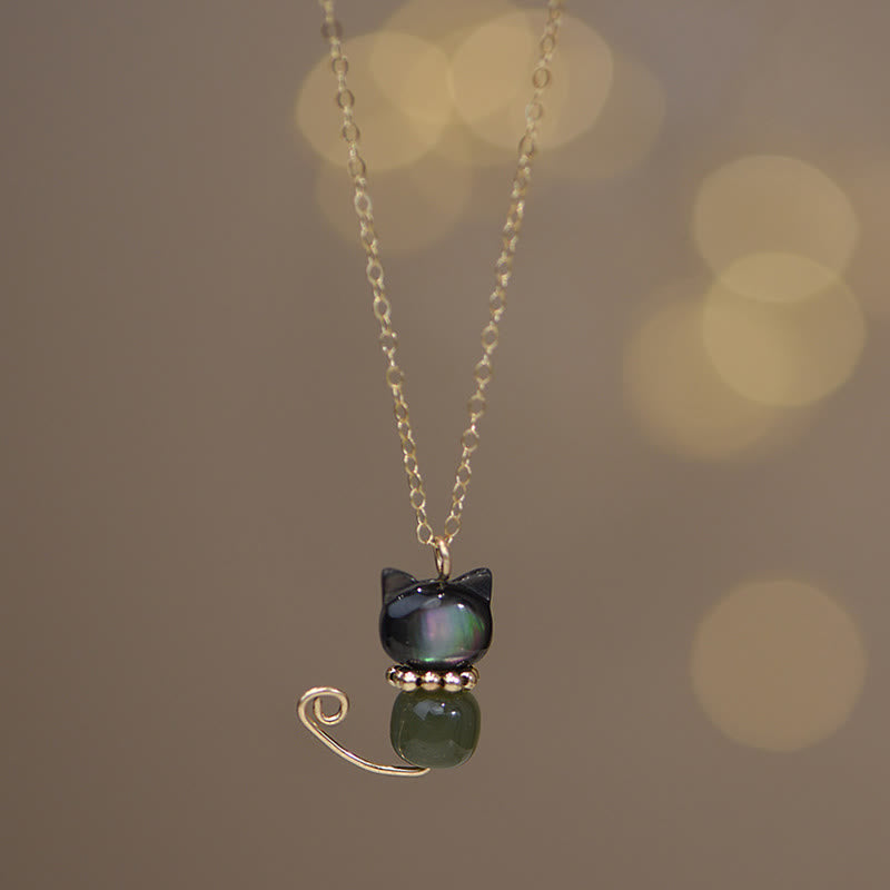 Fortune Jewel 14K Gold Plated Pearl Hetian Jade Shell Luck Cat Kitten Necklace Pendant