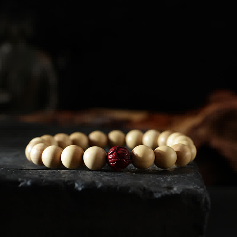 Fortune Jewel Tibet Peach Wood Lotus Cinnabar Bagua Yin Yang Luck Wealth Bracelet
