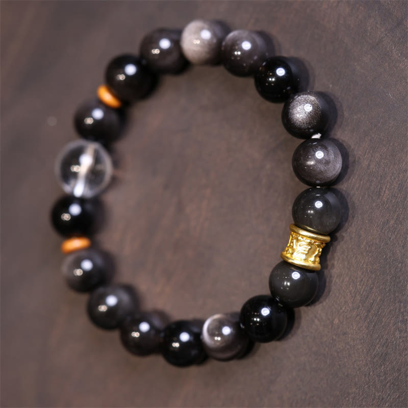 Fortune Jewel Natural Silver Sheen Obsidian Crystal Om Mani Padme Hum Bead Protection Bracelet