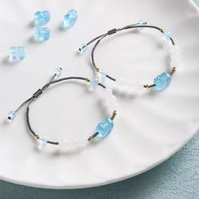 Fortune Jewel Natural Aquamarine PiXiu Hetian White Jade Healing Bracelet