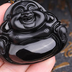 Fortune Jewel Laughing Buddha Black Obsidian Transformation Pendant Necklace