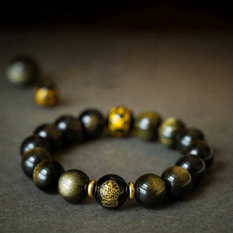 Fortune Jewel Chinese Zodiac Natal Buddha Gold Sheen Obsidian Wealth Protection Bracelet
