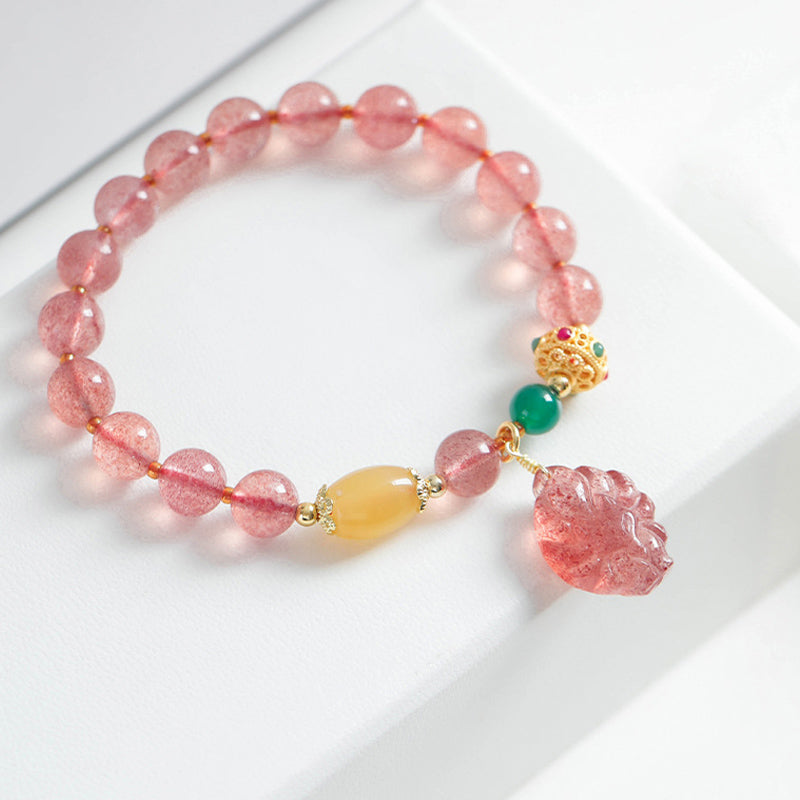 Fortune Jewel Natural Strawberry Quartz Nine Tailed Fox Healing Bracelet