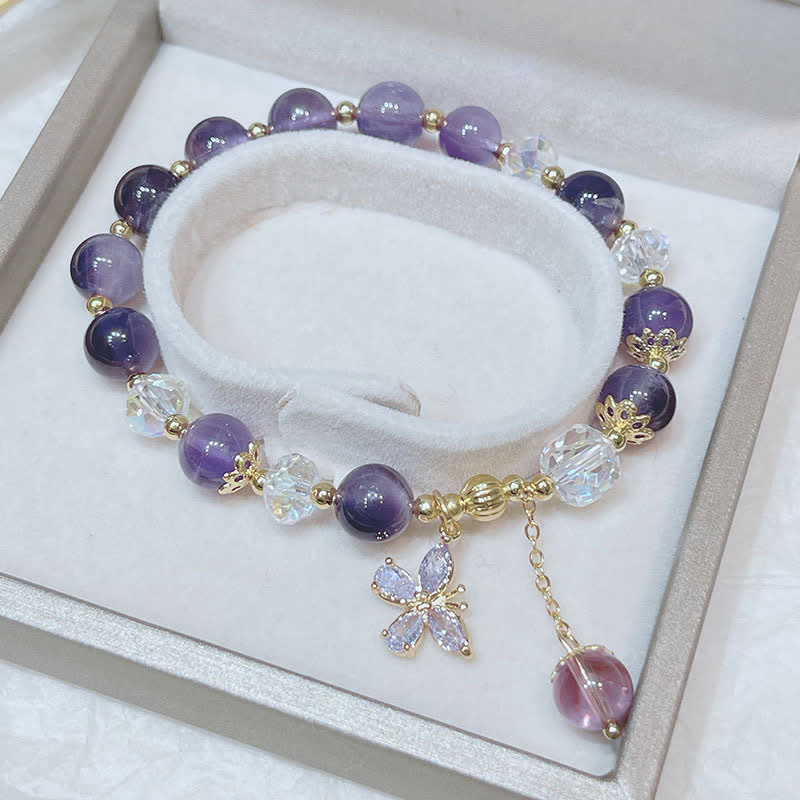 Fortune Jewel Natural Amethyst Crystal Spiritual Butterfly Charm Bracelet
