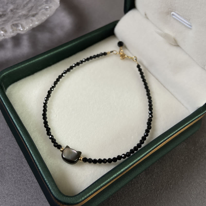 Fortune Jewel 14K Gold Plated Black Spinel White Crystal Cute Cat Tridacna Stone Healing Bracelet