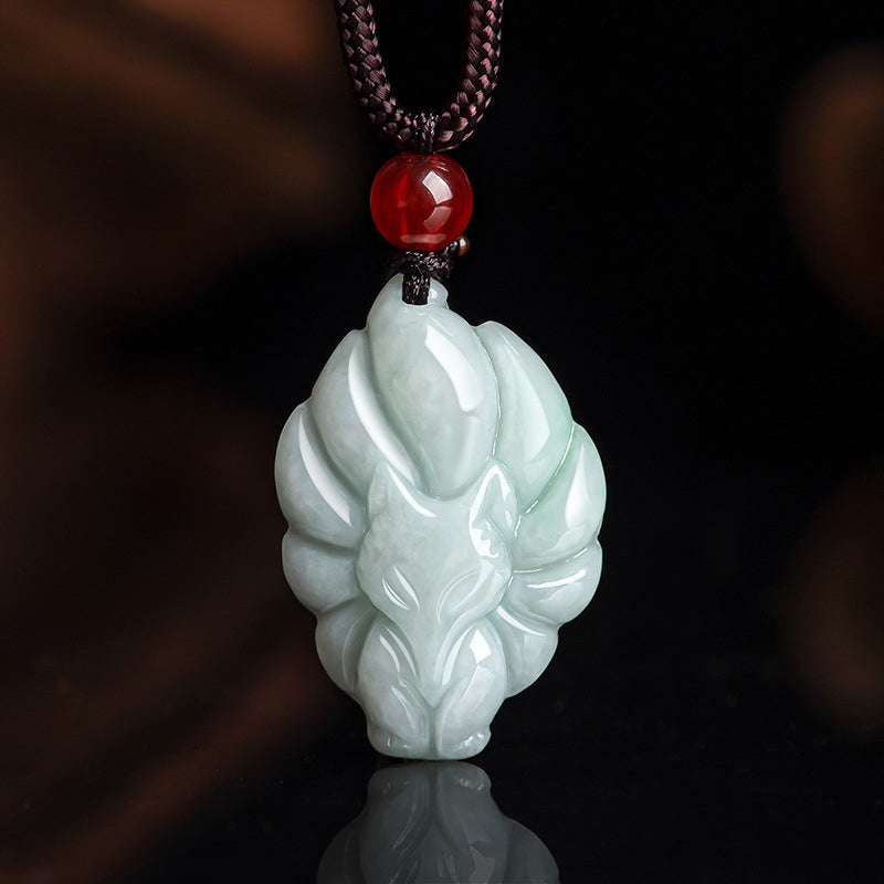 Fortune Jewel Natural Jade Nine Tailed Fox Luck Prosperity Necklace Pendant