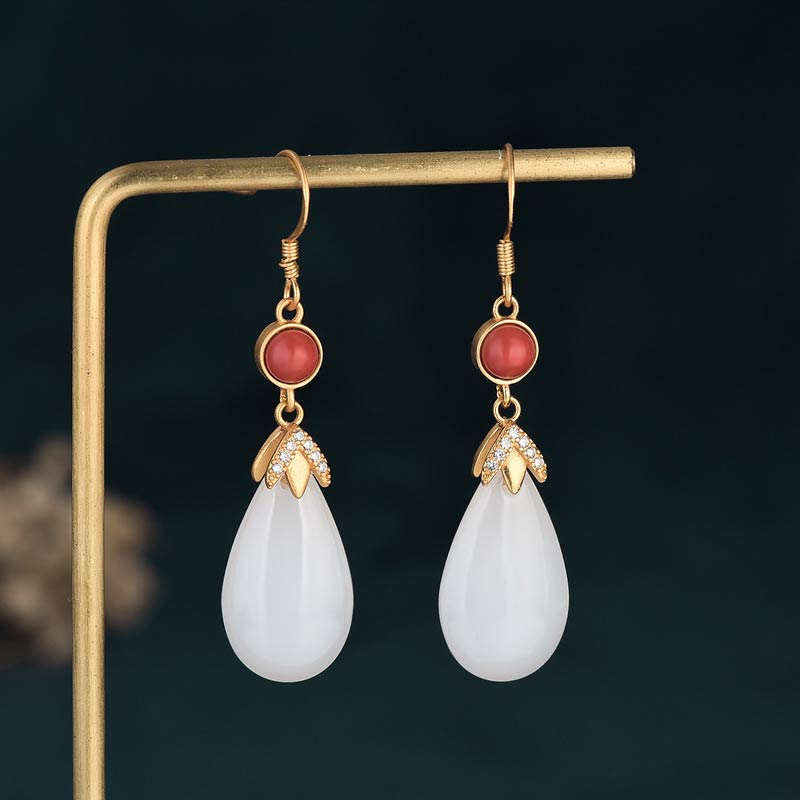Fortune Jewel FengShui White Jade Luck Drop Earrings