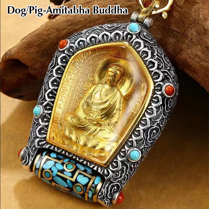 Fortune Jewel Tibet Chinese Zodiac Natal Buddha Thangka Prosperity Rotatable Dzi Bead Necklace Pendant Fortune Jewel