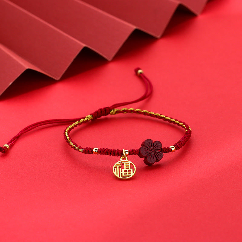 Fortune Jewel Cinnabar Flower Fu Character Blessing Braided String Bracelet