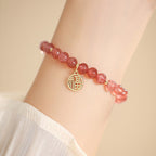 Fortune Jewel 14K Gold Plated Strawberry Quartz Fu Character Healing Charm Bracelet