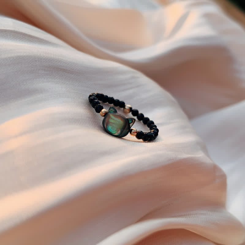 Fortune Jewel Natural Tridacna Stone Lovely Cat 14K Gold Plated Blessing Ring