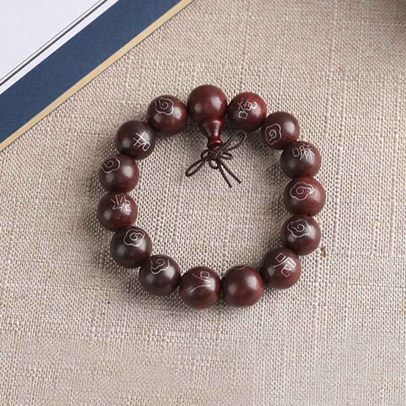 Fortune Jewel 925 Sterling Silver Inlaid Small Leaf Red Sandalwood Om Mani Padme Hum Character Auspicious Clouds Protection Bracelet
