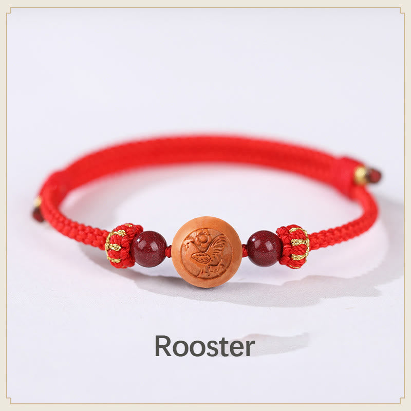 Fortune Jewel Natural Peach Wood Chinese Zodiac Fu Character Carved Cinnabar Wealth Bracelet