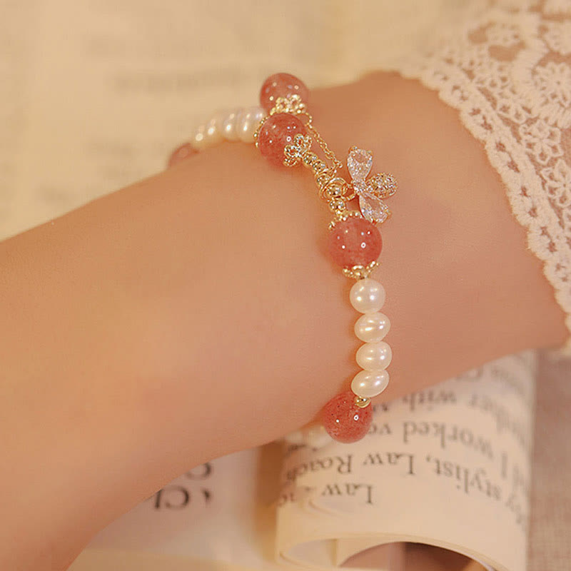 Fortune Jewel Natural Pearl Strawberry Quartz Healing Cute Honey Bee Charm Bracelet