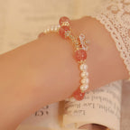 Fortune Jewel Natural Pearl Strawberry Quartz Healing Cute Honey Bee Charm Bracelet