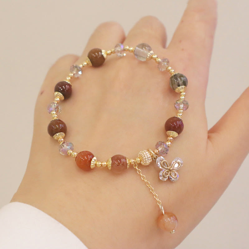 Fortune Jewel Natural Fu Lu Shou Rainbow Crystal Rutilated Quartz Wealth Butterfly Charm Bracelet