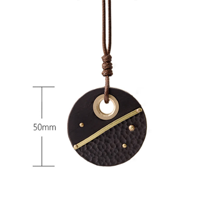 Fortune Jewel Handcrafted Round Ebony Wood Brass Copper Peace Necklace Pendant