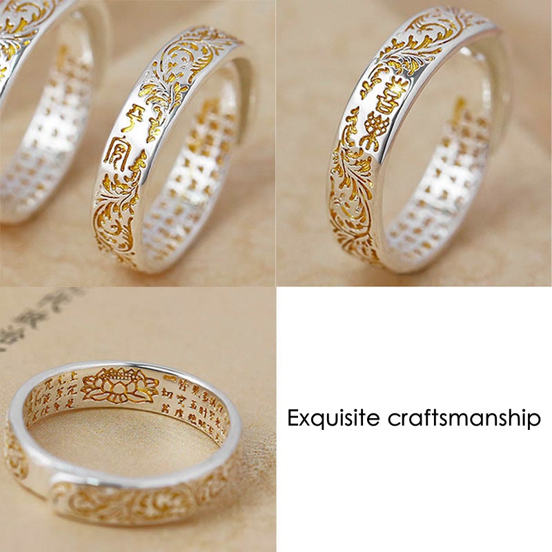 Fortune Jewel Peace and Joy Tang Dynasty Flower Design Lotus Heart Sutra Carved Copper Luck Adjustable Ring