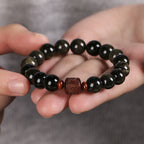 Fortune Jewel Natural Gold Sheen Obsidian Rainbow Obsidian Om Mani Padme Hum Fu Character Healing Bracelet