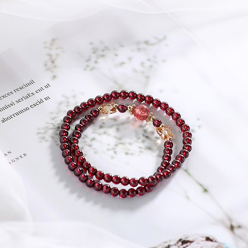 Fortune Jewel 14K Gold Plated Natural Garnet Strawberry Quartz Butterfly Protection Double Wrap Bracelet