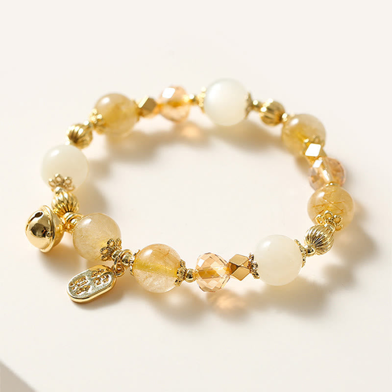 Fortune Jewel 14K Gold Plated Golden Rutilated Quartz Wealth Bell Lucky Fortune Charm Bracelet