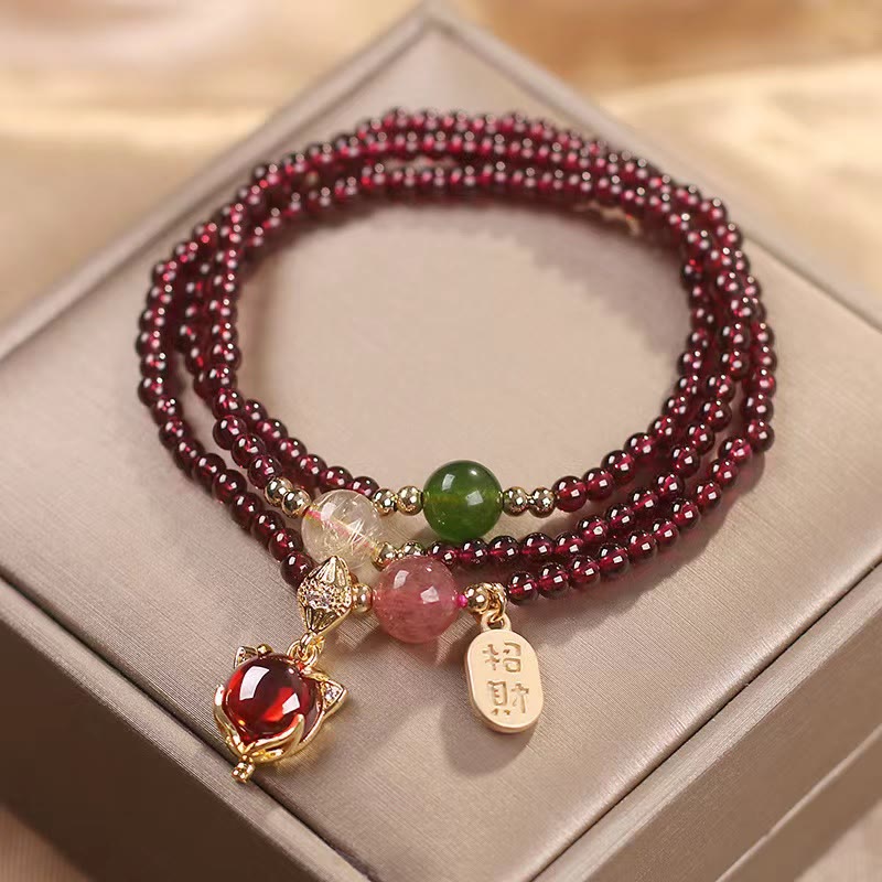 Fortune Jewel Natural Garnet Strawberry Quartz Crystal Fox Koi Fish Peace Buckle Fortune Protection Triple Wrap Bracelet