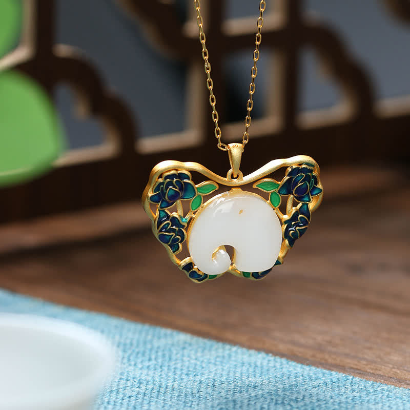 Fortune Jewel White Jade Elephant Butterfly Lotus Success Necklace Chain Pendant