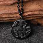 Fortune Jewel Black Obsidian Dragon Phoenix Mandarin Duck Luck Protection Necklace Pendant