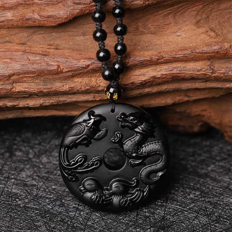 Fortune Jewel Black Obsidian Dragon Phoenix Mandarin Duck Luck Protection Necklace Pendant