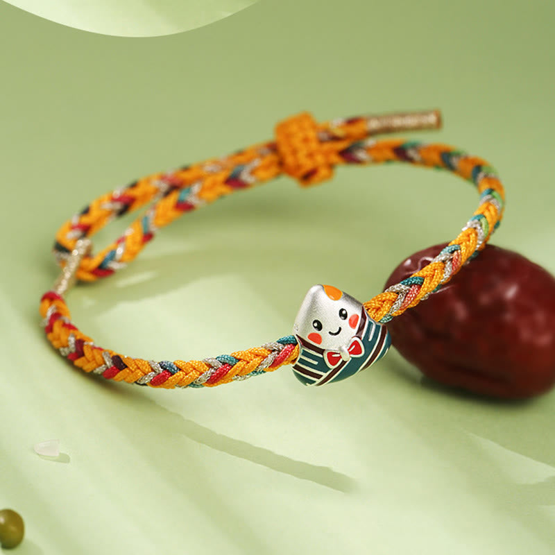 Fortune Jewel 925 Sterling Silver Dragon Boat Festival Zongzi Pattern Luck Handmade Multicolored Rope Child Adult Bracelet