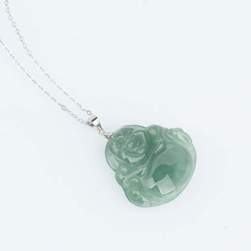 Fortune Jewel Laughing Buddha Jade Protection Calm Titanium Steel Chain Necklace Pendant Fortune Jewel