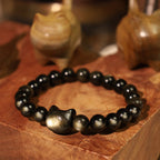 Fortune Jewel Gold Sheen Obsidian Silver Sheen Obsidian Lovely Paw Lucky Cat Protection Bracelet