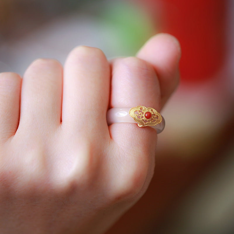 Fortune Jewel White Agate Cyan Jade Turquoise Red Agate Luck Protection Ring
