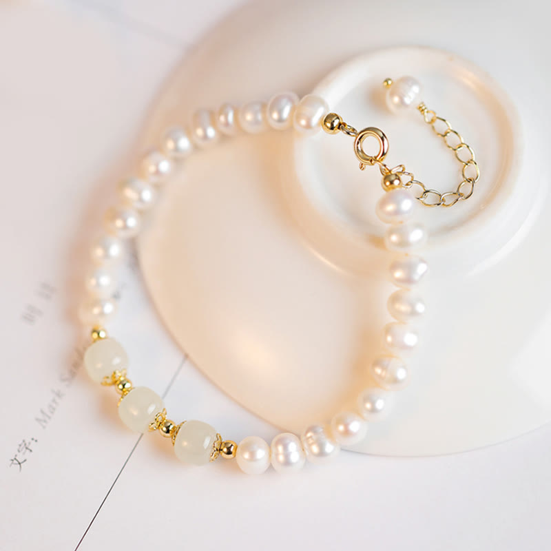 Fortune Jewel 14K Gold Plated Natural Pearl Hetian Cyan Jade White Jade Sincerity Bead Chain Bracelet