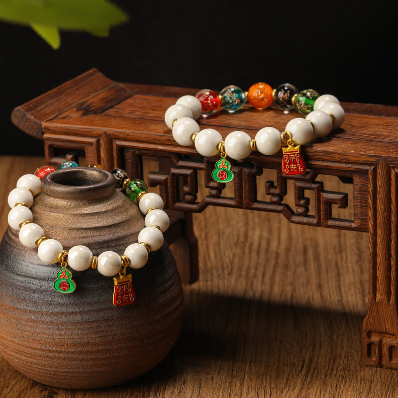 Fortune Jewel Tibetan Incense Ash Porcelain Luminous Fluorescent Liuli Glass Bead Gourd Copper Coin Charm Peace Bracelet