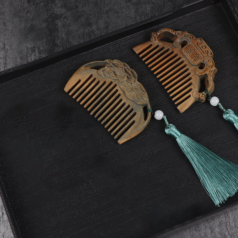 Fortune Jewel Green Sandalwood Fox Peony Flower Lotus Engraved Cure Tassel Comb Fortune Jewel