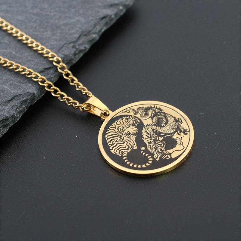 Fortune Jewel Tiger Dragon Titanium Steel Chain Necklace Harmony Pendant