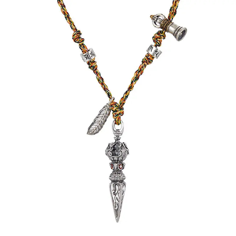 Fortune Jewel Tibetan Handmade 925 Sterling Silver Dorje Vajra Om Mani Padme Hum Feather Strength Necklace Pendant Fortune Jewel