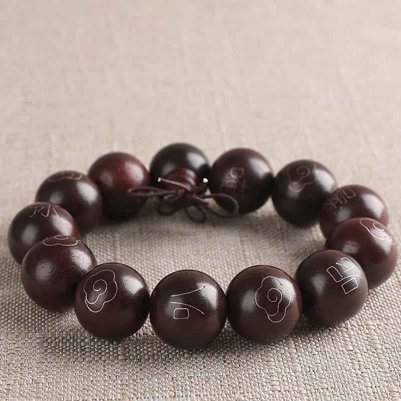 Fortune Jewel 925 Sterling Silver Inlaid Small Leaf Red Sandalwood Om Mani Padme Hum Character Auspicious Clouds Protection Bracelet