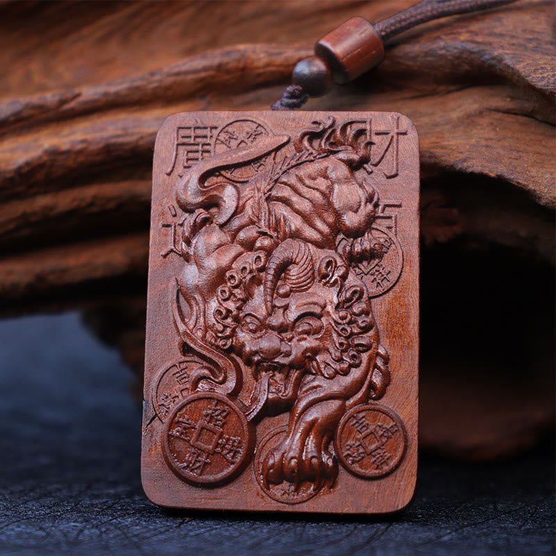 Fortune Jewel Natural Lightning Struck Jujube Wood PiXiu Copper Coin Good Fortune Necklace Pendant
