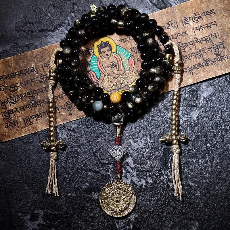 Fortune Jewel 108 Mala Beads Gold Sheen Obsidian Tiger Eye Eagle's Eye Stone Wealth Bracelet