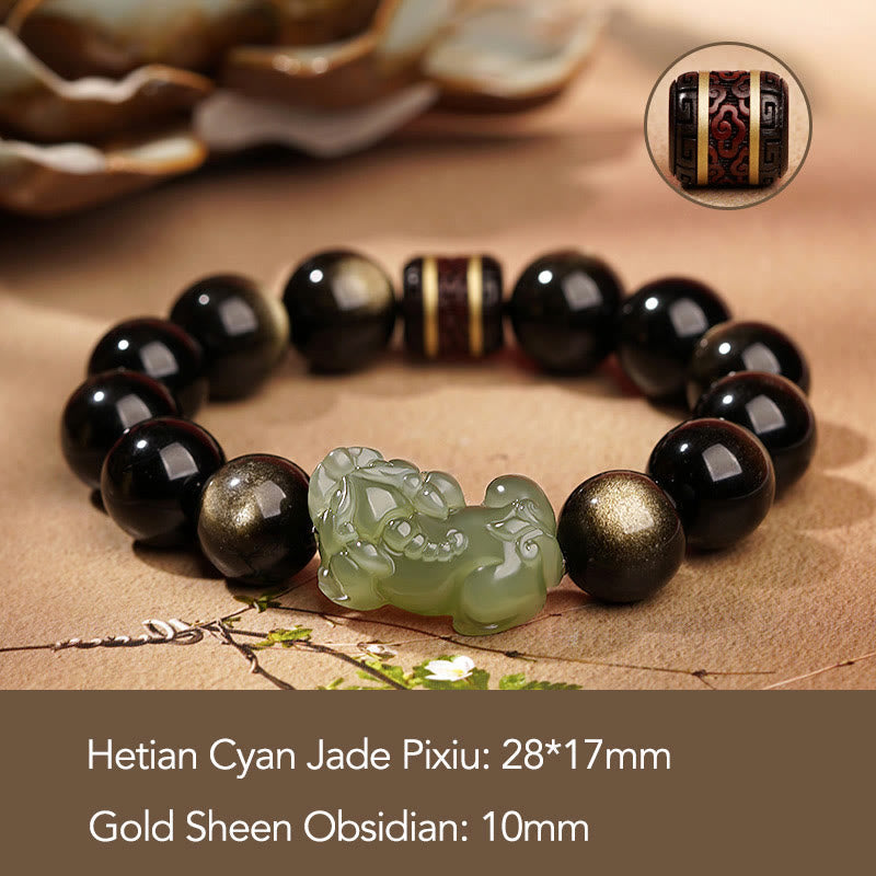 Fortune Jewel Natural Gold Sheen Obsidian Hetian Cyan Jade White Jade PiXiu Wealth Bracelet