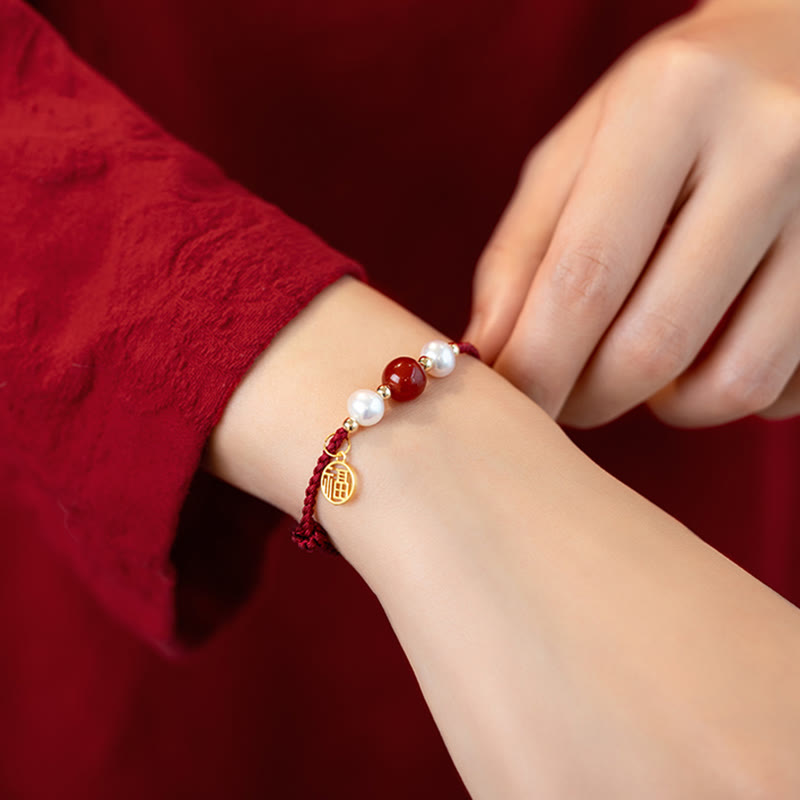 Fortune Jewel 925 Sterling Silver Good Fortune Fu Character Agate Pearl Red String Braid Bracelet
